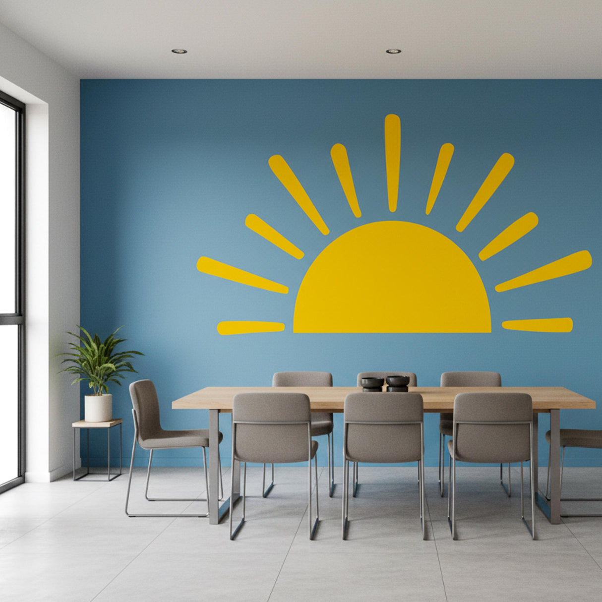 Minimalist yellow half-sun wall decal with stylized rays, suitable for a gender-neutral nursery, bohemian bedroom, or children's playroom decor.
