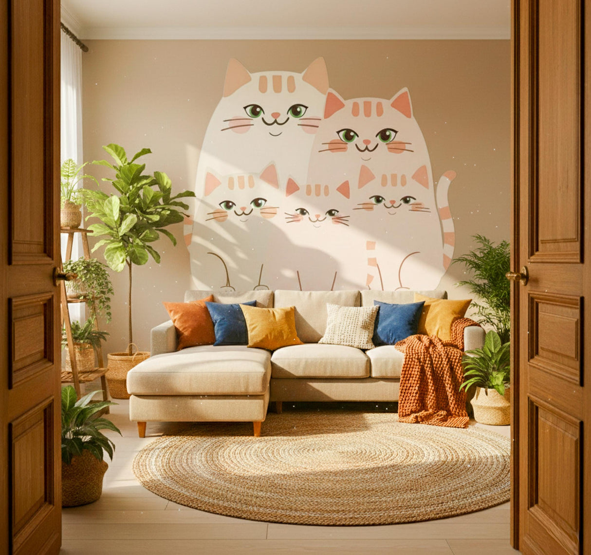 Five charming beige and cream-colored cats with rosy cheeks and green eyes sitting together, designed as a friendly vinyl wall decal for a nursery or playroom.