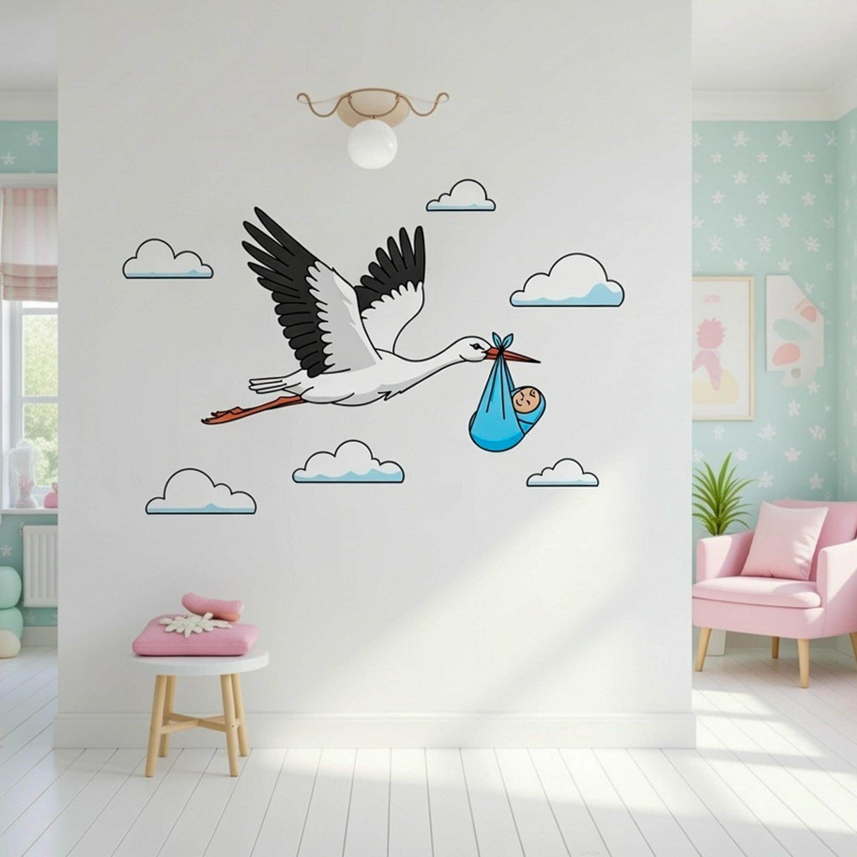 Stork Delivering Baby Boy | Nursery Wall Decal