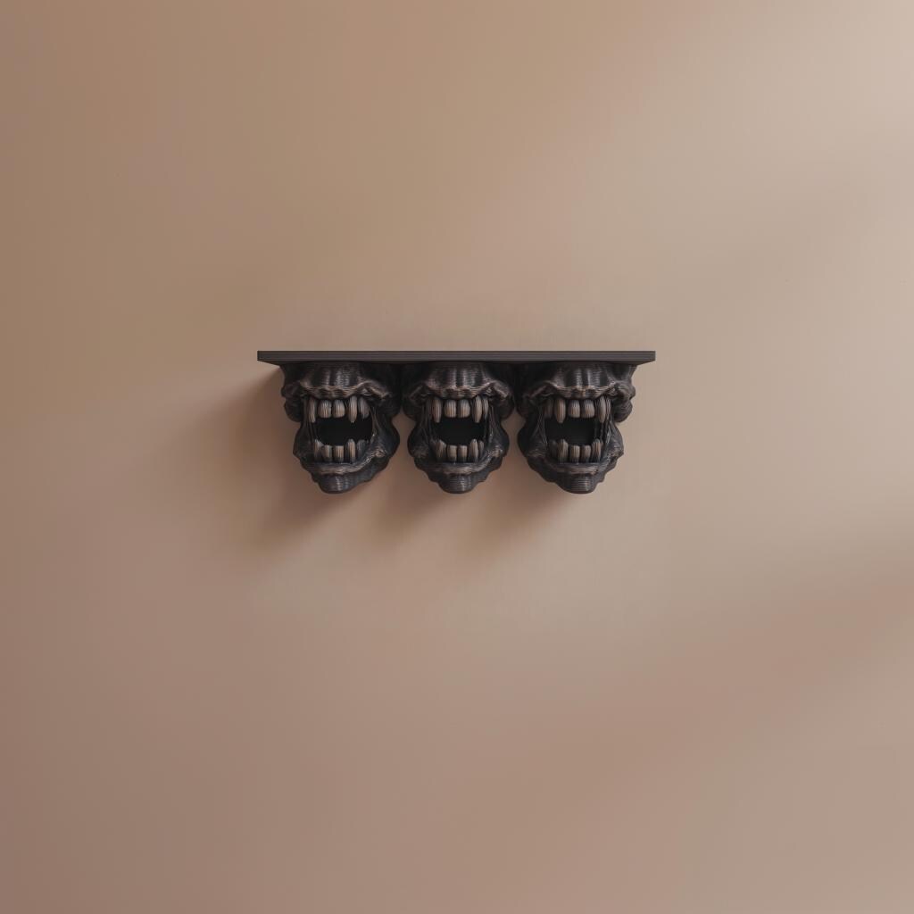 3D Printed Triple Monster Head Wall Shelf | Horror Gothic Floating Ledge | Dark Fantasy Creature Decor for Gaming Room, Bedroom or Hallway