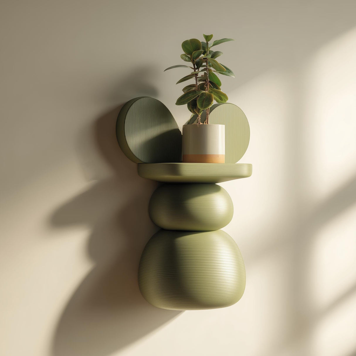 3D printed wall-mounted shelf with an abstract stacked sculptural form and a small plant placed on a shallow floating ledge.