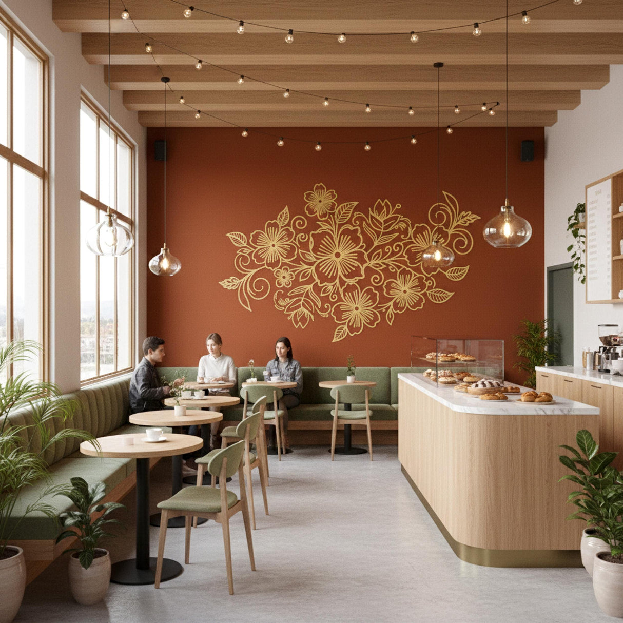 A minimalist golden-yellow line art illustration of several flowers and leaves on a plain white background. The design features one large central flower surrounded by smaller blossoms and curling vines, all rendered in thin, elegant gold-colored strokes.