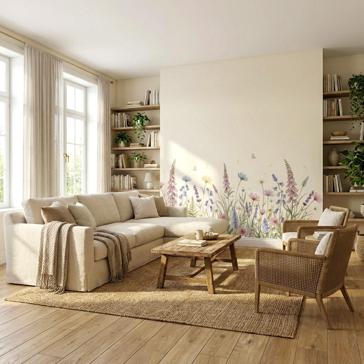 Wildflower Wall Decal | Watercolor Meadow Mural | Floral Nursery Decor | Cottagecore Wall Art | Lavender and Daisy Print