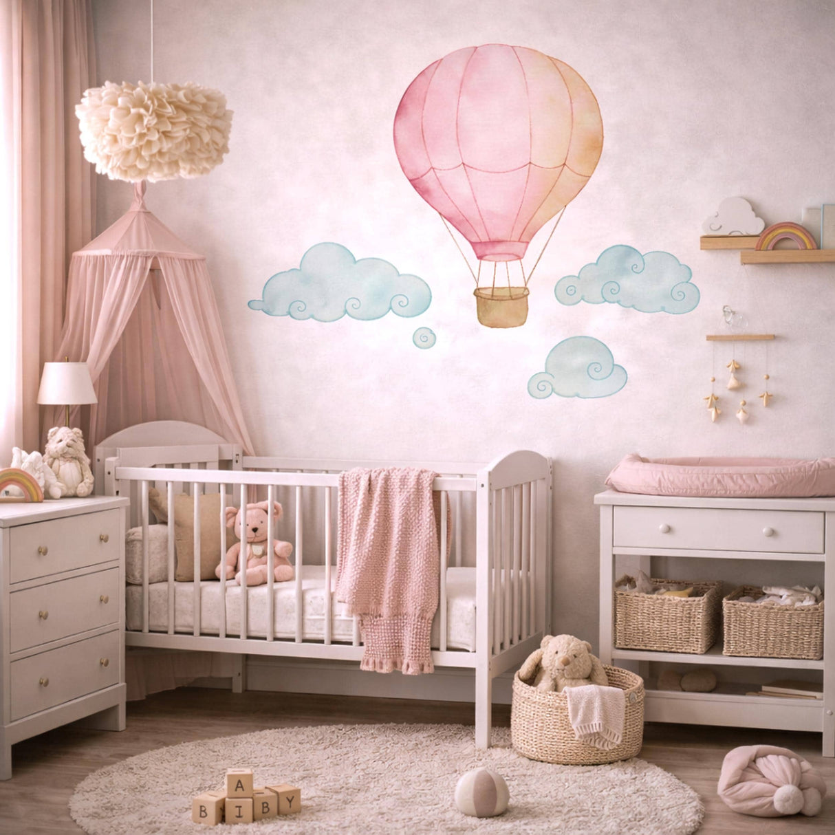 Pink Hot Air Balloon Wall Decal | Watercolor Nursery Decor for Girls