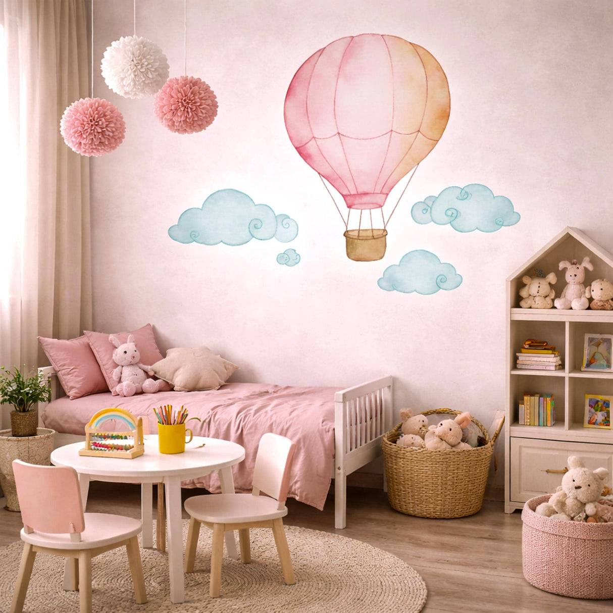Pink Hot Air Balloon Wall Decal | Watercolor Nursery Decor for Girls | Baby Girl Room Art | Whimsical Cloud Sticker | Dream Big NurseryMural