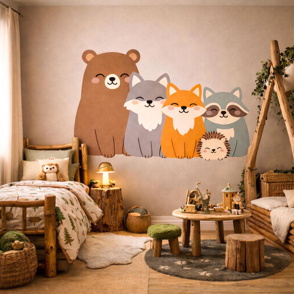 Kawaii Woodland Animal Wall Decal | Cute Forest Friends Nursery Decor | Bear Fox Wolf Raccoon Hedgehog Art | Baby Shower Gift
