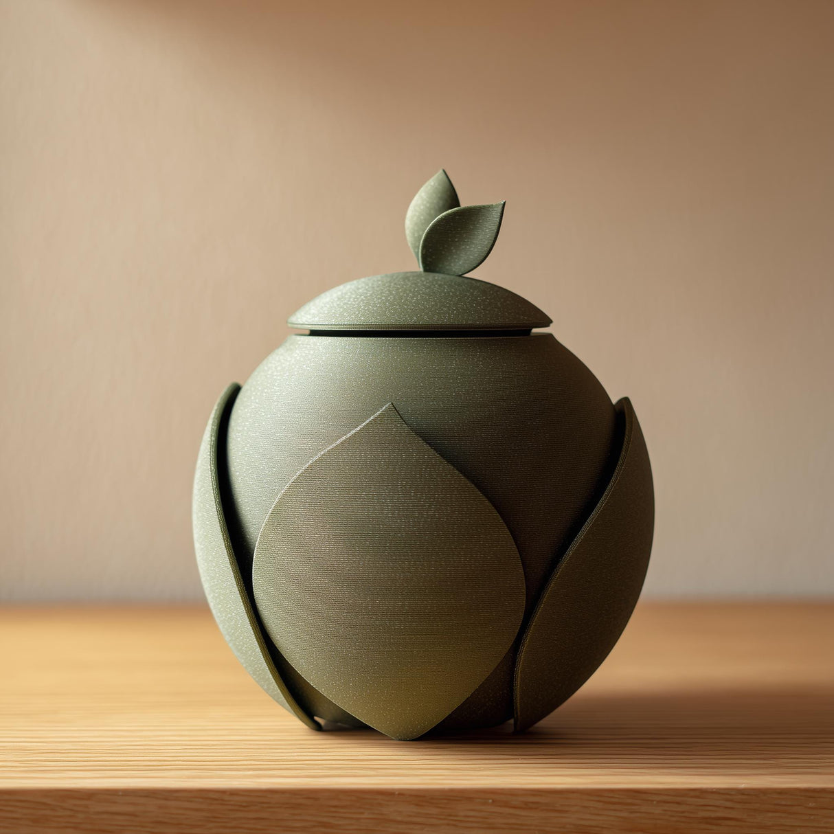 3D printed pet cremation urn with layered leaf-shaped panels and a small leaf lid handle, displayed on a wooden shelf in warm natural light.