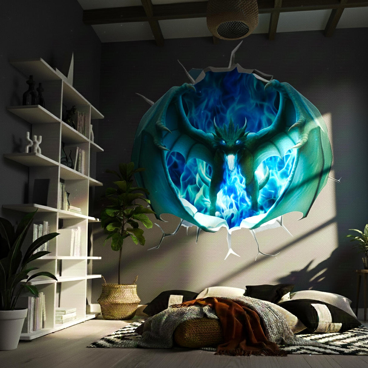 3D Blue Fire Dragon Wall Decal | Epic Fantasy Portal Mural for Teen Boys Room
