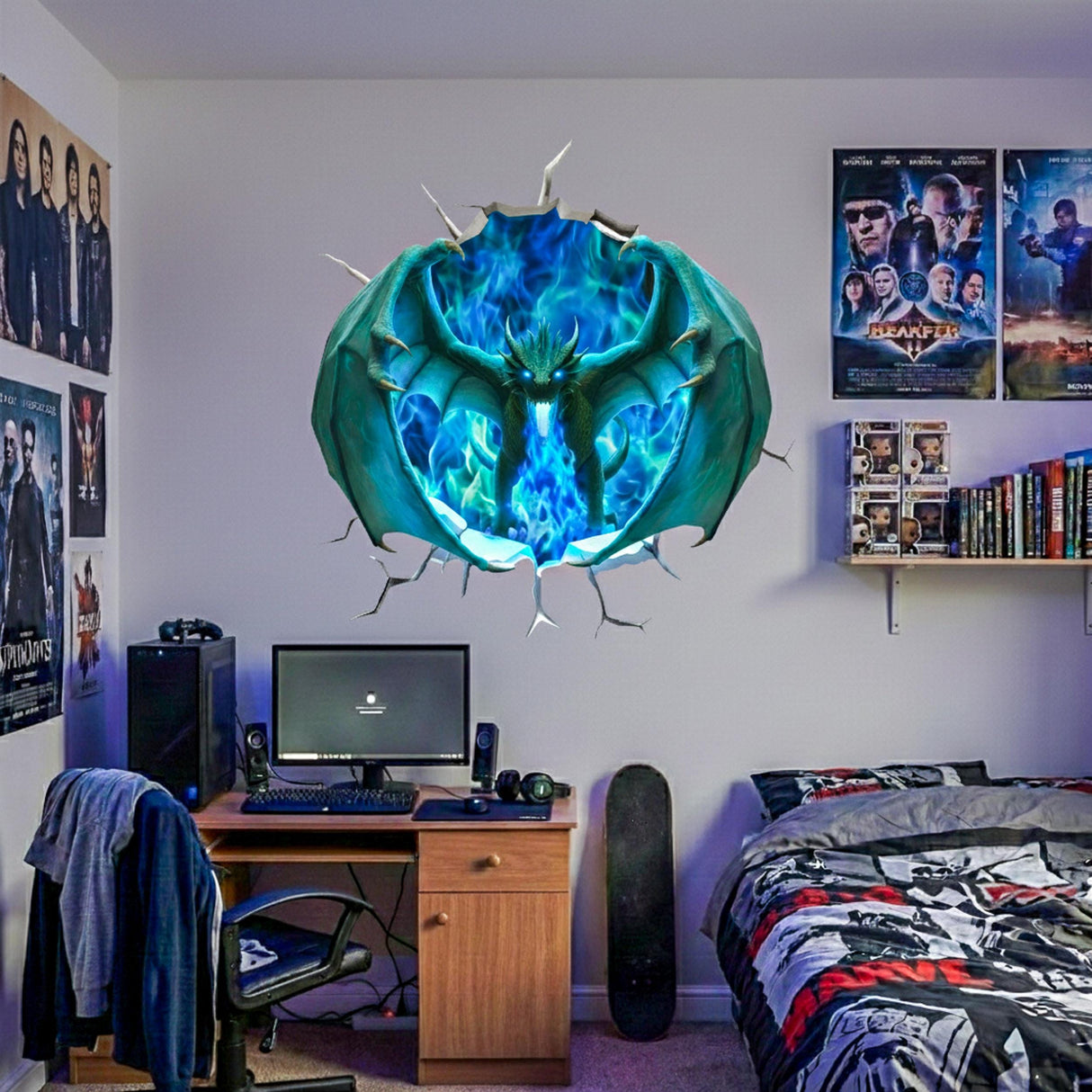 3D Blue Fire Dragon Wall Decal | Epic Fantasy Portal Mural for Teen Boys Room