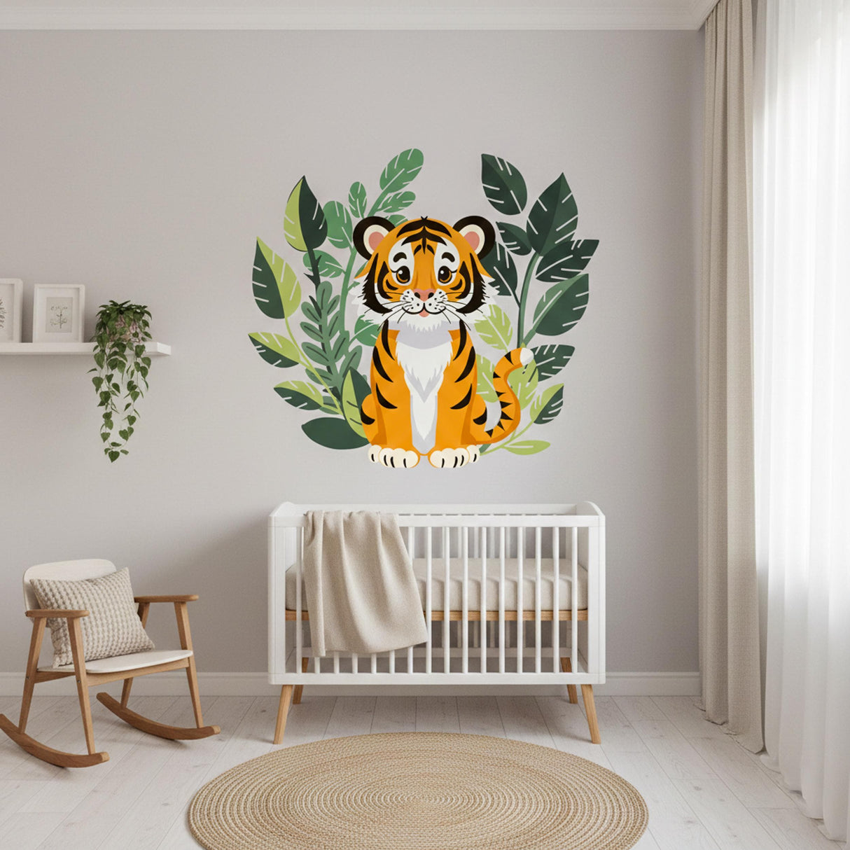 Baby Tiger Wall Decal | Jungle Nursery Decor | Cute Tiger Cub Art | Safari Animal Wall Sticker | Kids Playroom Mural | Botanical Tiger Print