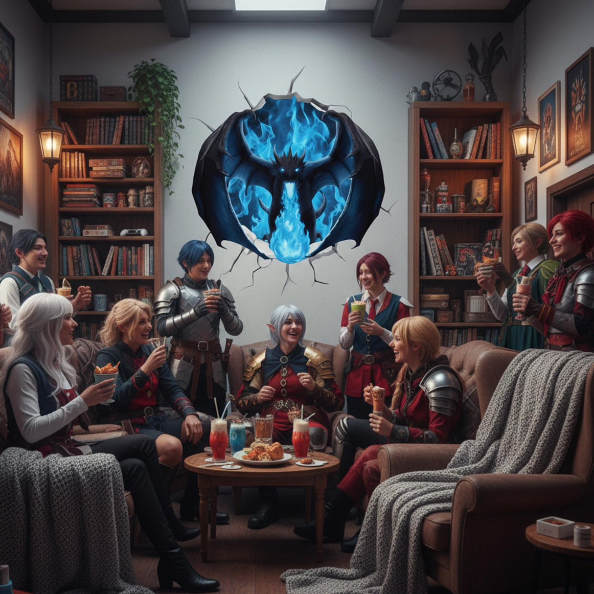 3D Blue Fire Dragon Wall Decal | Cracking Mythical Wall Sticker | Gamer Room Decor | Ice Dragon Breathing Fire | Teen Boy Bedroom Art