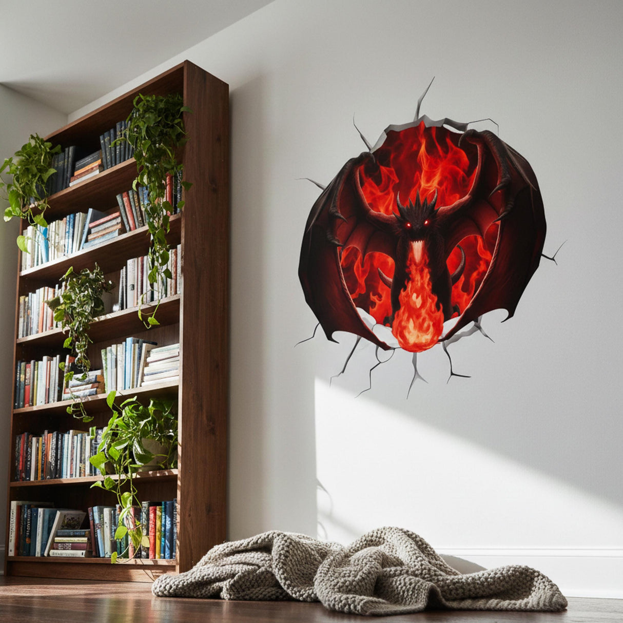 3D Red Fire Dragon Wall Decal | Cracking Wall Fantasy Mural | Gamer Room Decor | Red Dragon Breathing Fire | Epic Fantasy Wall Art
