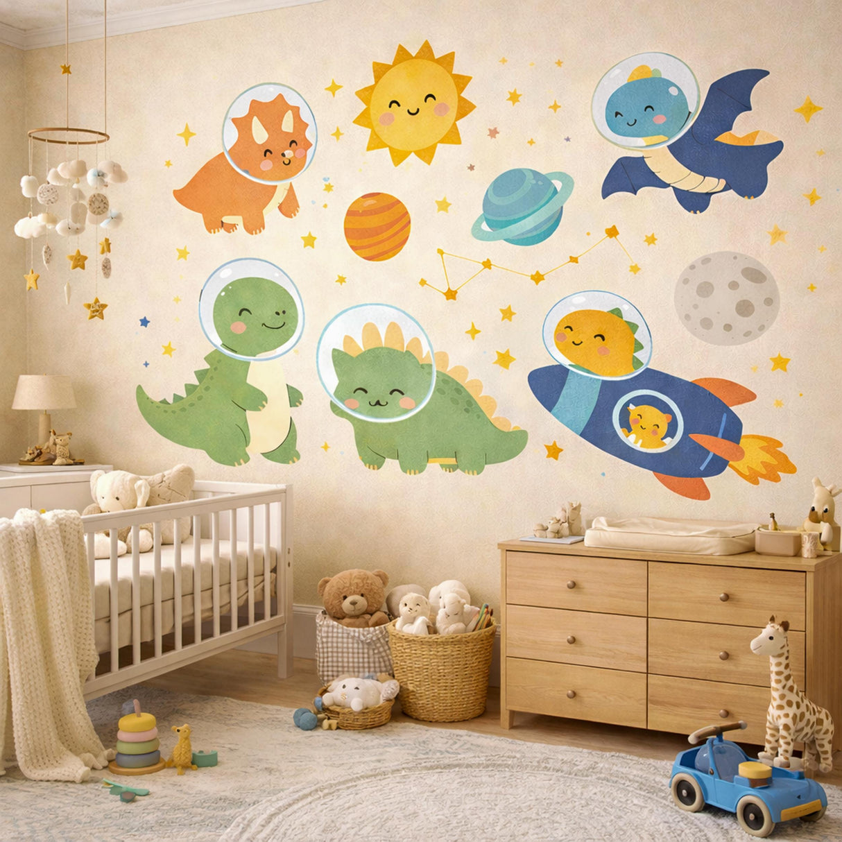 Space Dinosaur Wall Decals | Kawaii Dino Astronaut Stickers | Nursery Galaxy Decor | Kids Rocket Ship Wall Art | T-Rex Space Mural