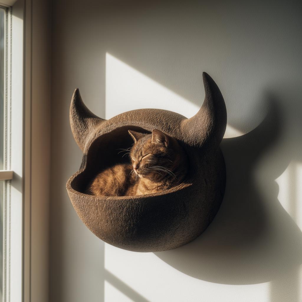 Wall Mounted Horned Cat Shelf Bed | 3D Printed Sculptural Cat Wall Bed | Fantasy Inspired Modern Cat Furniture for Stylish Interiors