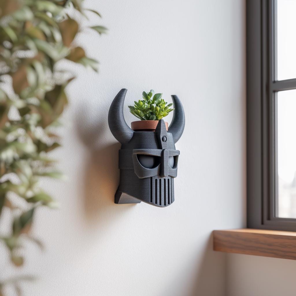 3D Printed Wall Mounted Viking Helmet Planter Shelf | 3D Printed Sculptural Wall Decor with Pot | Dark Fantasy Wall Art for Modern Interiors
