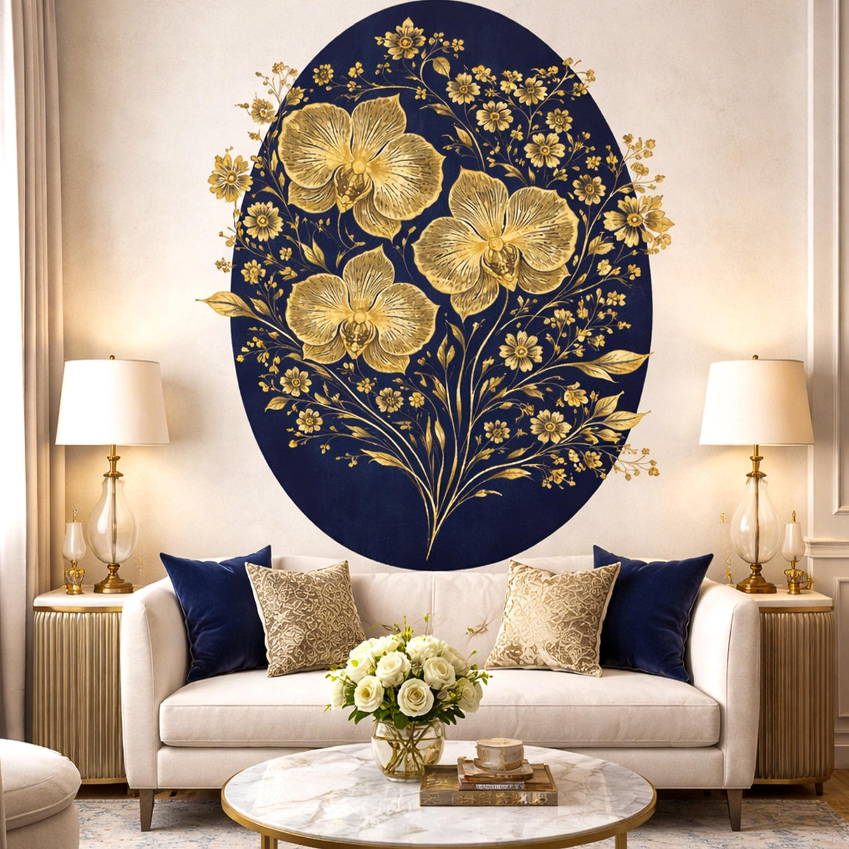 A sophisticated illustration featuring several large golden orchids and clusters of smaller golden flowers on a deep navy blue oval background. The flowers are rendered with intricate line work, and the entire composition is centered on a clean white background.