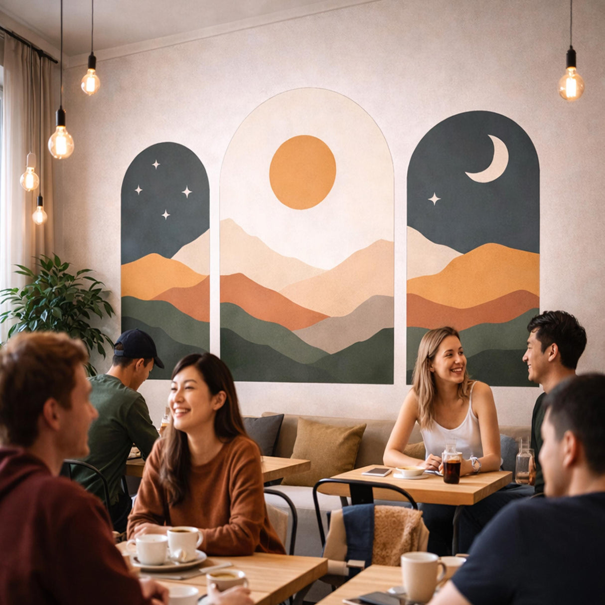 Boho Landscape Wall Art | Set Of 3 Arched Prints | Celestial Sun And Moon Decor | Mid Century Modern Mountain Art | Earthy Tone Gallery Wall