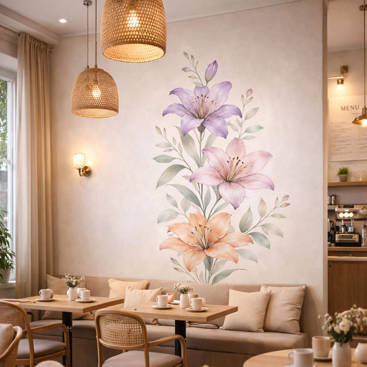 Watercolor Lily Wall Decal | Purple Pink and Peach Floral Mural | Sophisticated Botanical Art | Vertical Flower Sticker | Elegant Wall Decor
