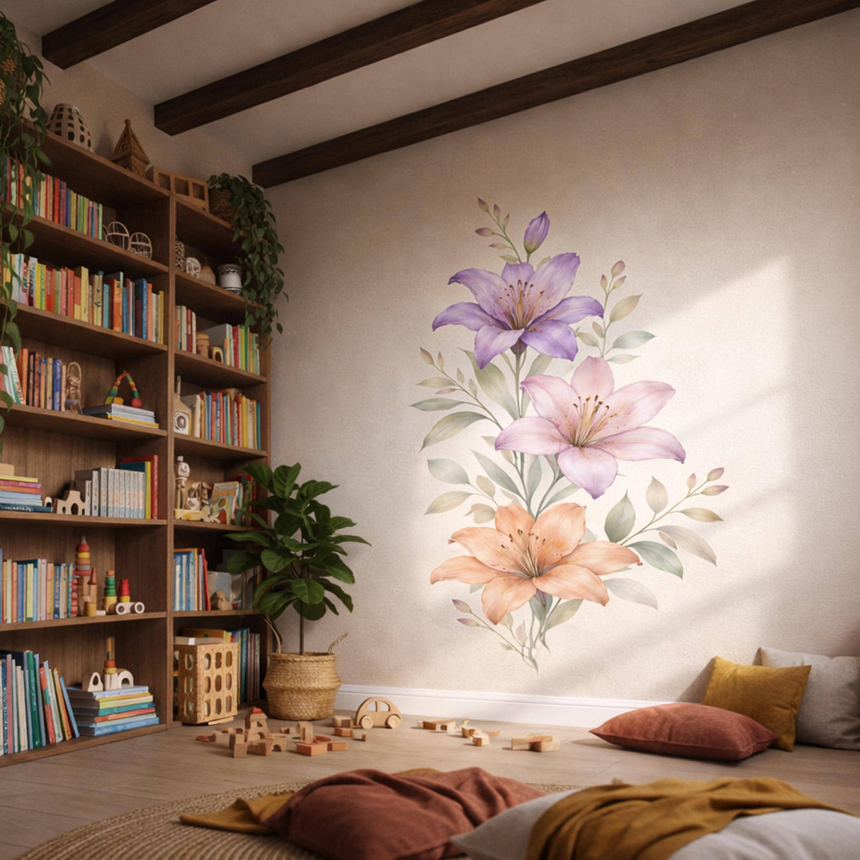 Watercolor Lily Wall Decal | Purple Pink and Peach Floral Mural | Sophisticated Botanical Art | Vertical Flower Sticker | Elegant Wall Decor