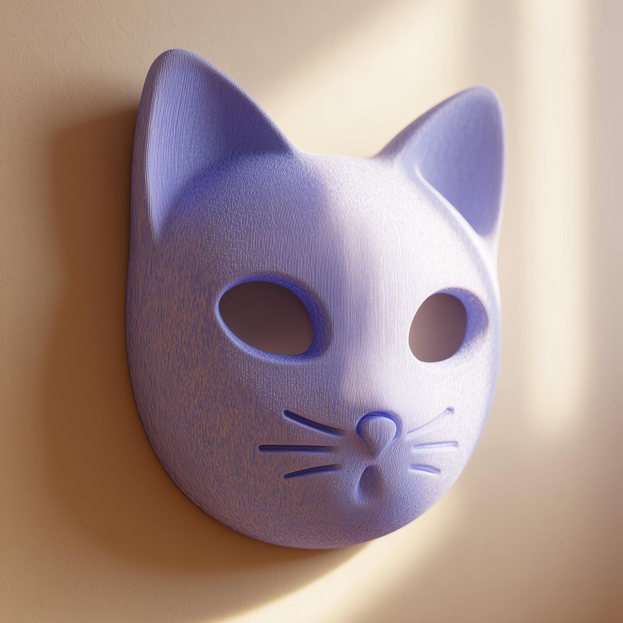 3D printed minimalist cat face wall decor with smooth rounded features and hollow eyes, mounted on a neutral wall in warm natural light.