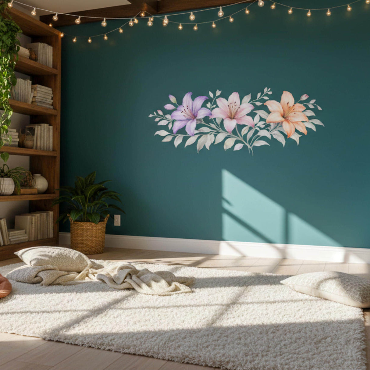 Lily Flower Wall Decal | Watercolor Floral Border | Pink and Purple Lily Art | Horizontal Botanical Mural | Nursery Wall Sticker