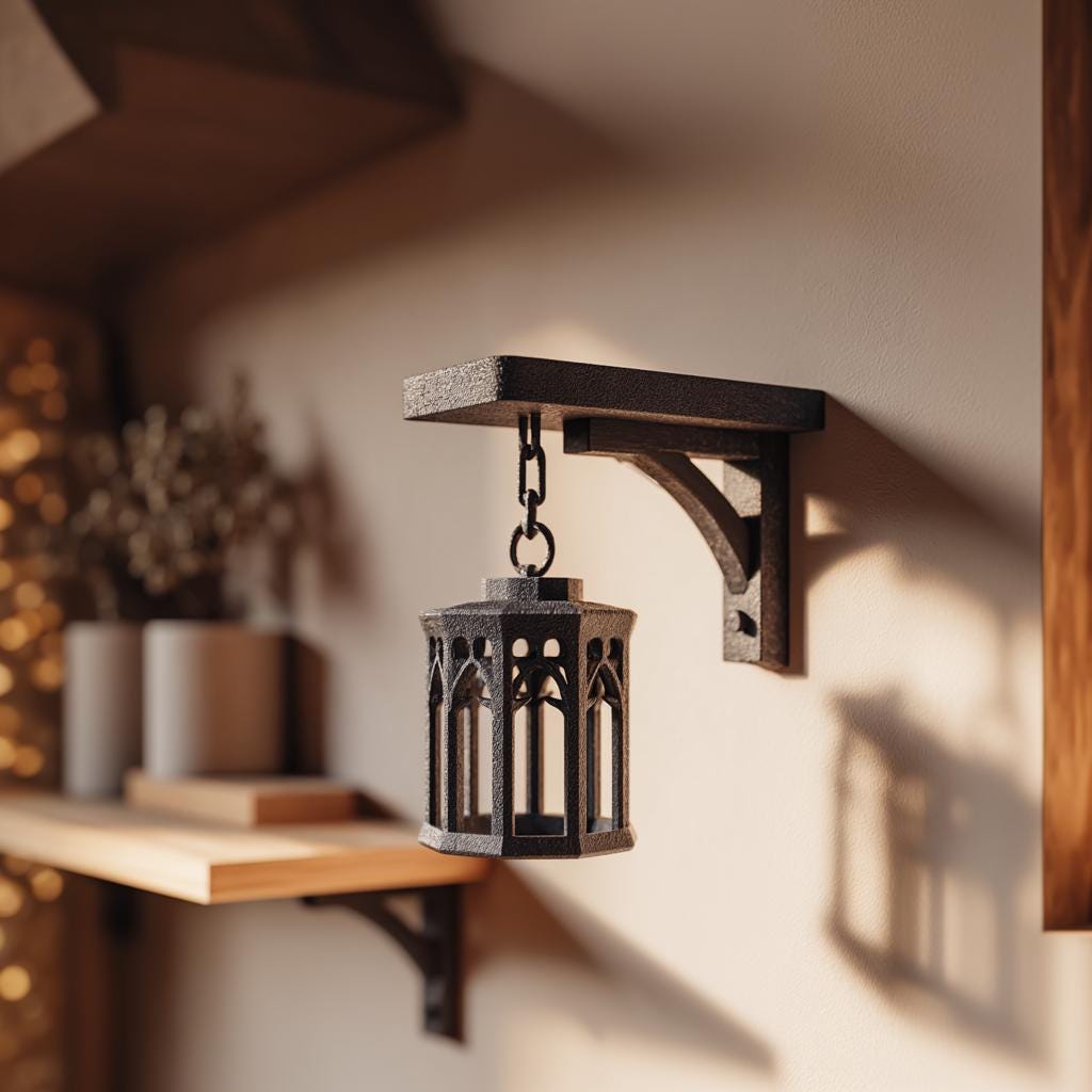 3D Printed Gothic Hanging Wall Decor on Chain | 3D Printed Lantern Style Wall Sculpture | Medieval Dark Fantasy Accent for Moody Interiors