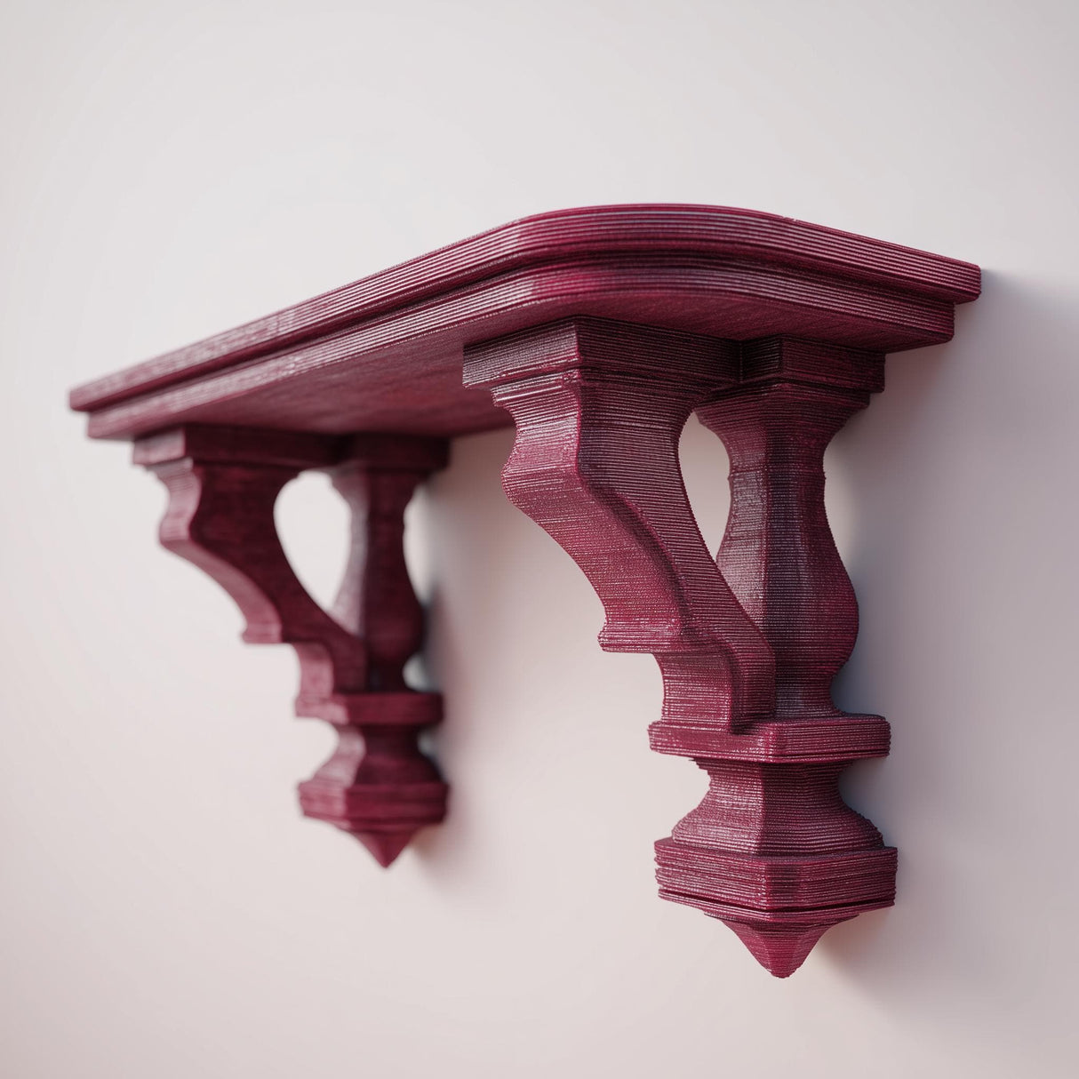 3D printed gothic-style wall shelf with ornate carved brackets and a flat floating ledge, mounted on a light minimalist wall.