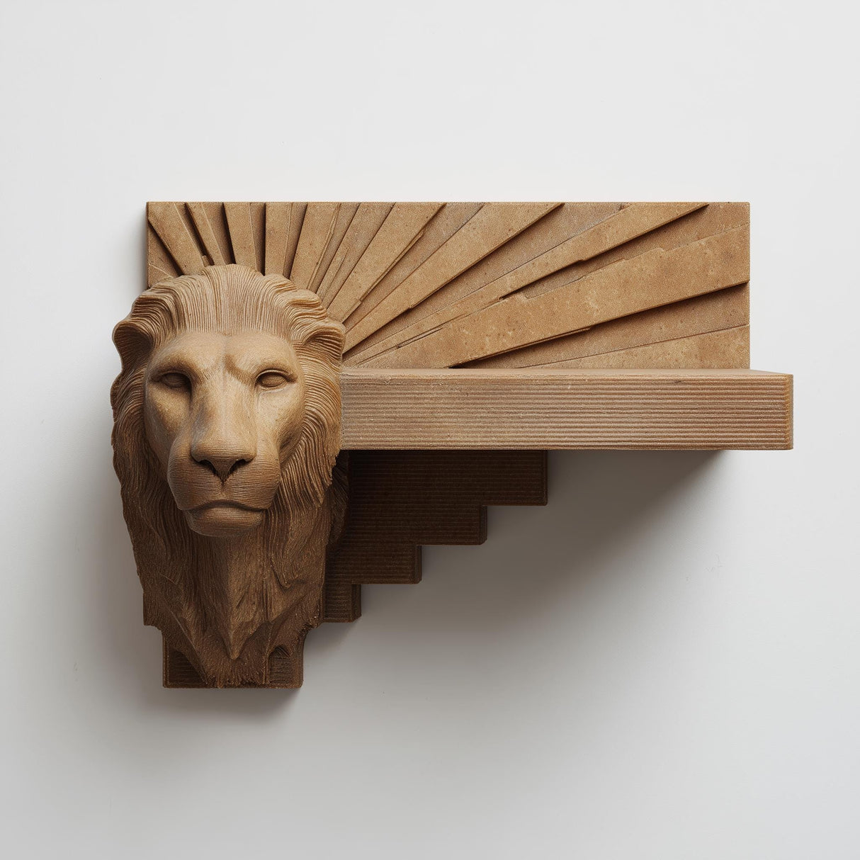 3D printed lion head wall shelf with Art Deco sunburst backplate and stepped geometric floating ledge, mounted on a clean minimalist wall.