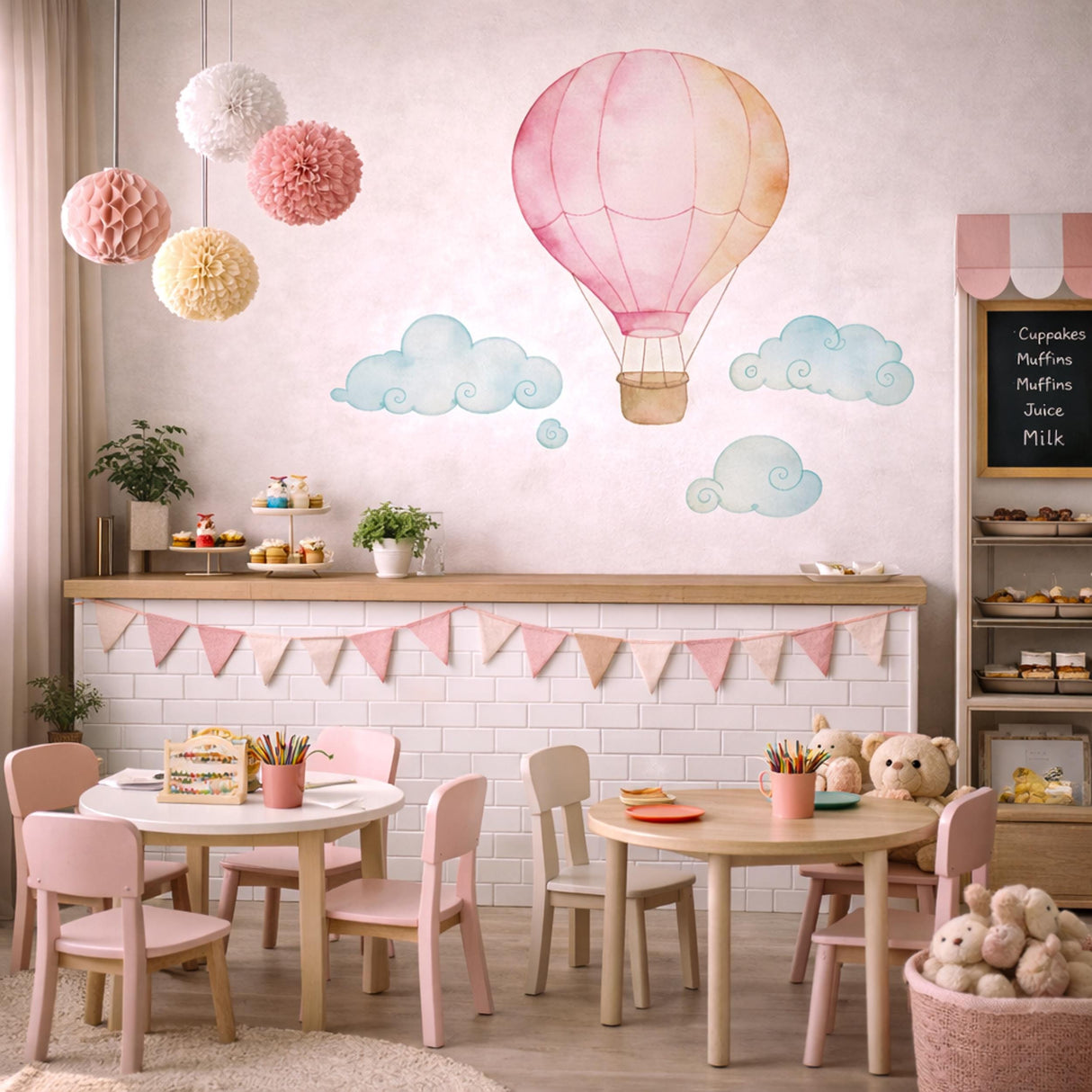 Pink Hot Air Balloon Wall Decal | Watercolor Nursery Decor for Girls | Baby Girl Room Art | Whimsical Cloud Sticker | Dream Big NurseryMural