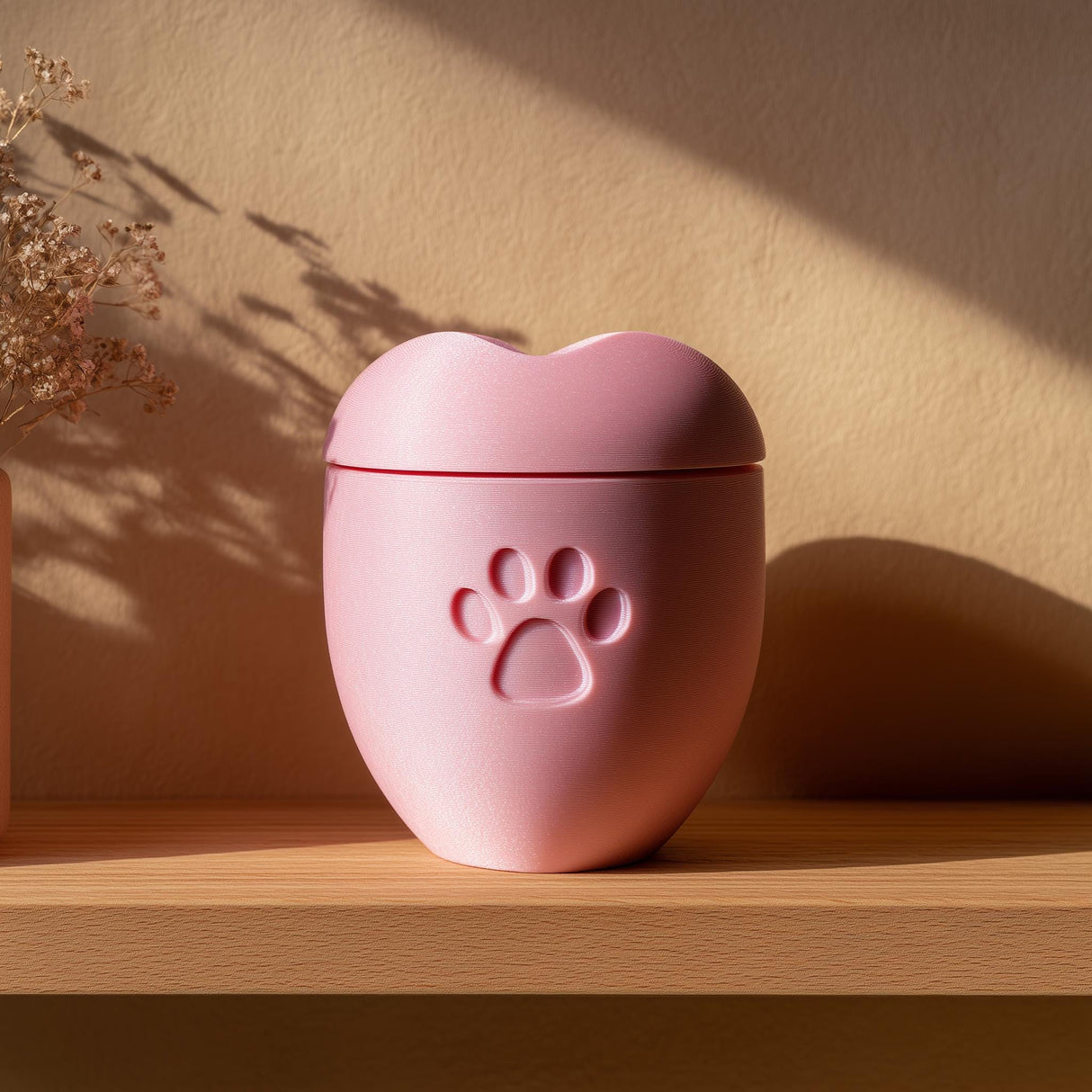 3D printed pet cremation urn with a soft heart-shaped lid and embossed paw print, designed as a minimalist memorial keepsake.