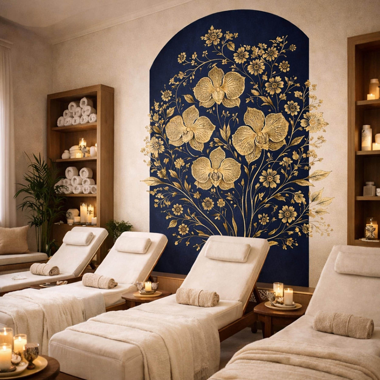 Gold Orchid Wall Decal | Navy Blue Floral Mural | Luxury Botanical Sticker | Elegant Arched Wall Art | Modern Glam Home Decor