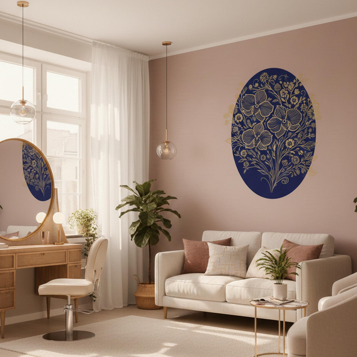 Gold Filigree Orchid Decal | Navy Blue Floral Mural | Ornate Botanical Wall Art | Luxury Gold Flower Sticker | Traditional Navy Home Decor