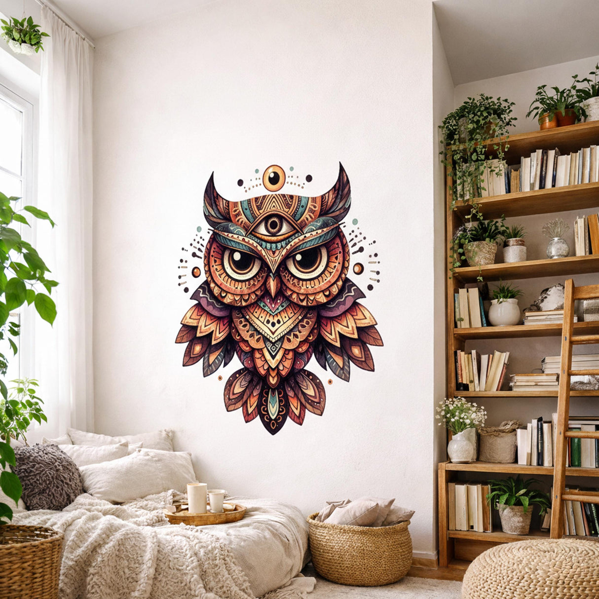 Mystical Owl Wall Decal | Spiritual Totem Wall Art | Boho Occult Owl Sticker | Psychedelic Owl Mural | All-Seeing Eye Decor | Tribal Owl Art