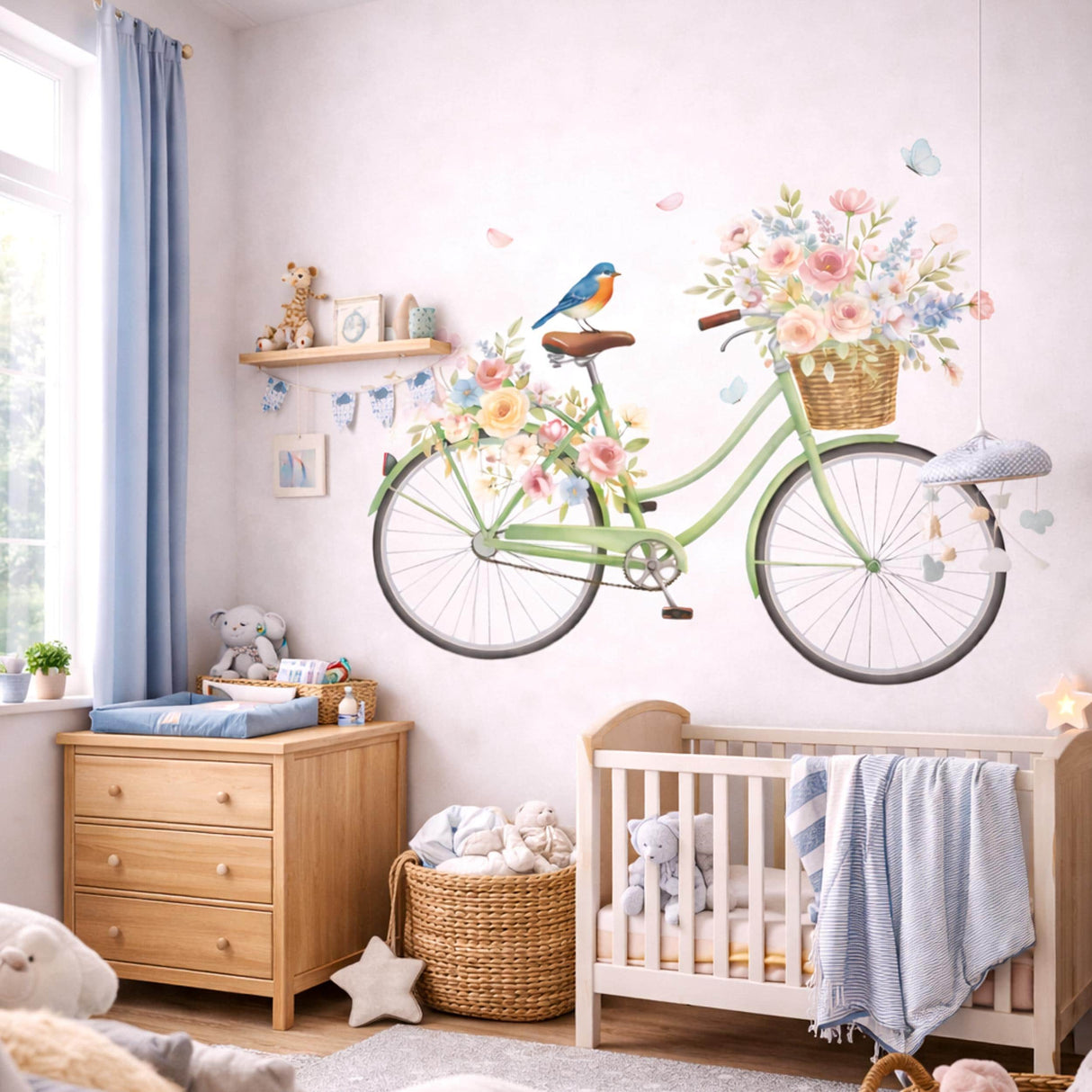 Floral Bicycle Wall Decal | Watercolor Mint Bike Sticker | Vintage Flower Basket Art | Cottagecore Wall Mural | Shabby Chic Nursery Decor