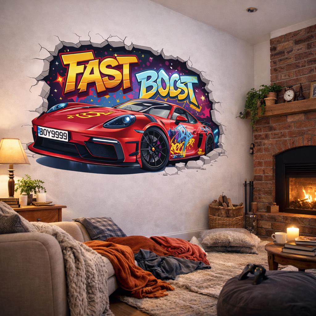 3D Race Car Wall Decal | Graffiti Sports Car Mural | Fast Boost Wall Sticker | Boys Room Decor | Kids Playroom Art | Red Car Through Wall