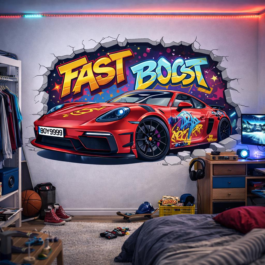 3D Race Car Wall Decal | Graffiti Sports Car Mural | Fast Boost Wall Sticker | Boys Room Decor | Kids Playroom Art | Red Car Through Wall