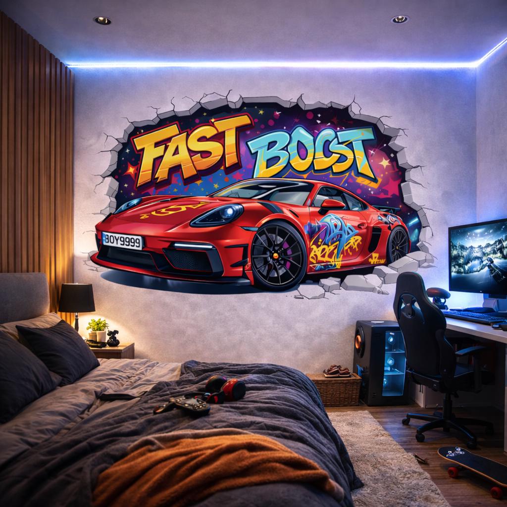 3D Race Car Wall Decal | Graffiti Sports Car Mural | Fast Boost Wall Sticker | Boys Room Decor | Kids Playroom Art | Red Car Through Wall