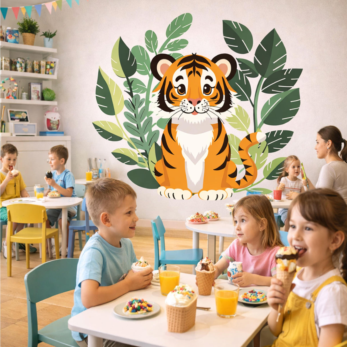 Baby Tiger Wall Decal | Jungle Nursery Decor | Cute Tiger Cub Art | Safari Animal Wall Sticker | Kids Playroom Mural | Botanical Tiger Print