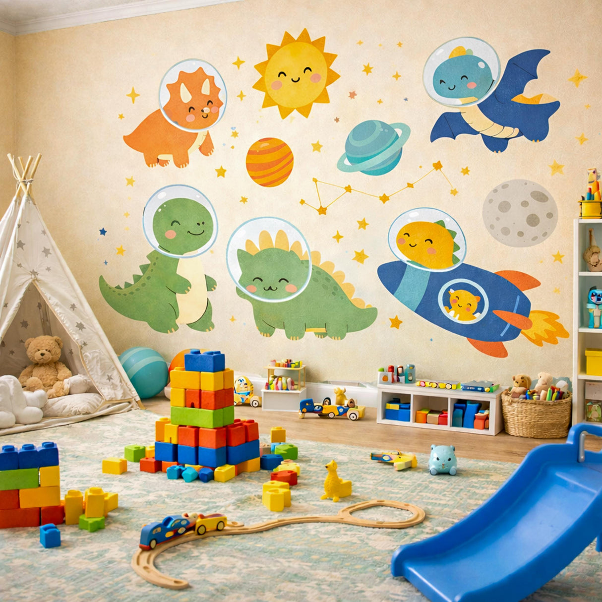 Space Dinosaur Wall Decals | Kawaii Dino Astronaut Stickers | Nursery Galaxy Decor | Kids Rocket Ship Wall Art | T-Rex Space Mural