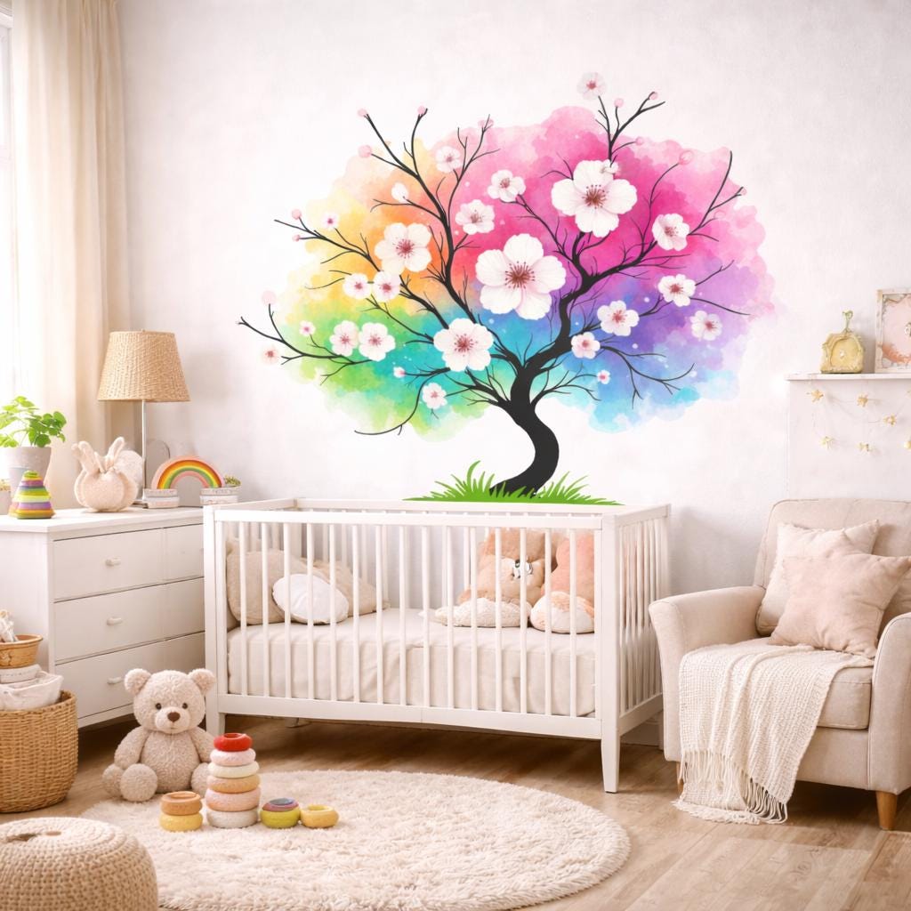 Watercolor Rainbow Tree Decal | Colorful Blossom Wall Art | Rainbow Cherry Tree Mural | Artistic Nature Decor | Zen Living Room Sticker