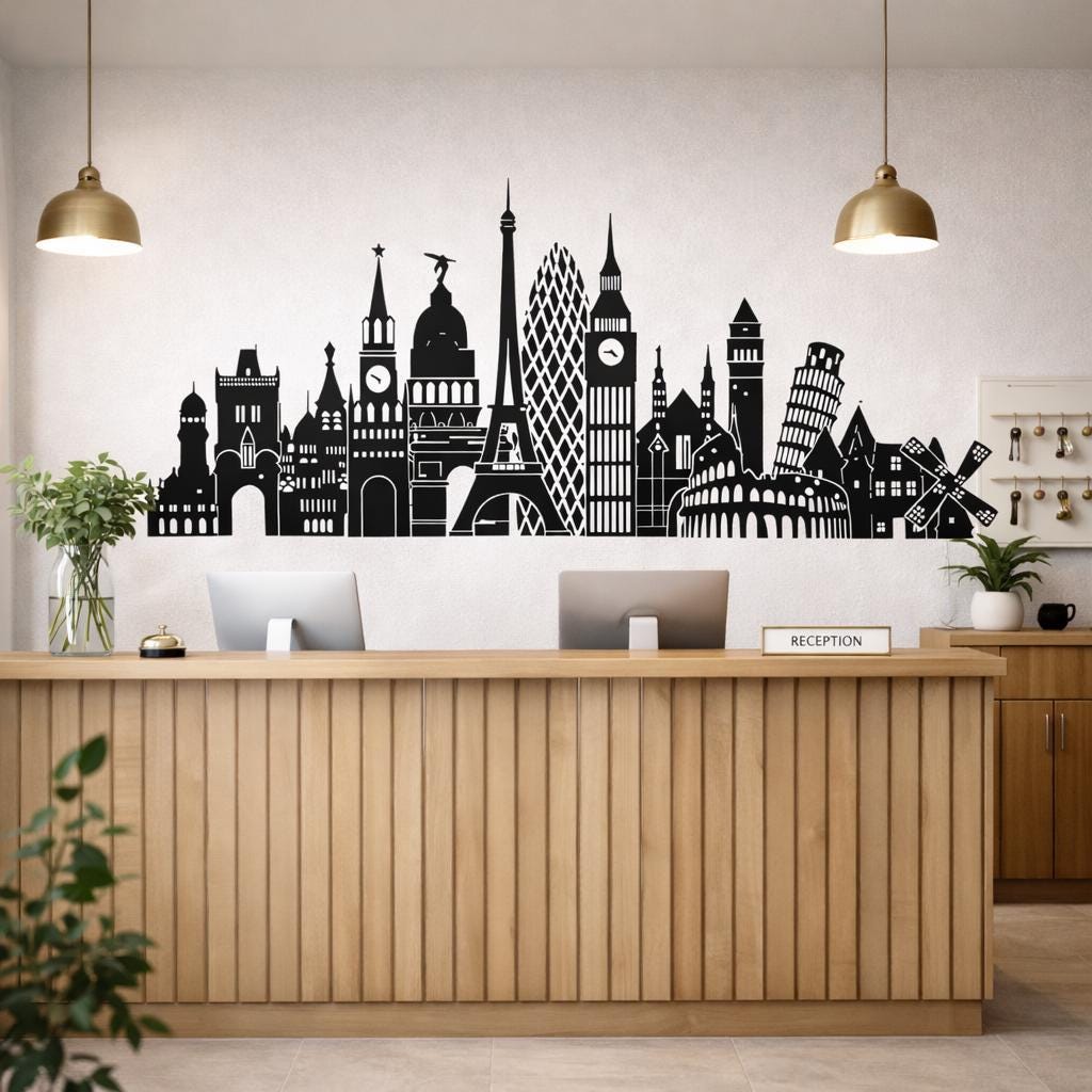 A horizontal black silhouette illustration of various European landmarks on a white background. It includes the Eiffel Tower, Big Ben, the Colosseum, the Leaning Tower of Pisa, the Kremlin, and a Dutch windmill, all arranged in a continuous skyline.
