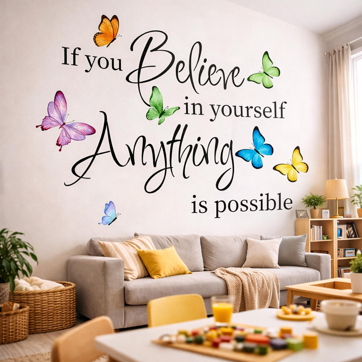 Butterfly Wall Decal | Inspirational Quote Sticker | Believe In Yourself Art | Nursery Quote Mural | Motivational Decor | Colorful Butterfly