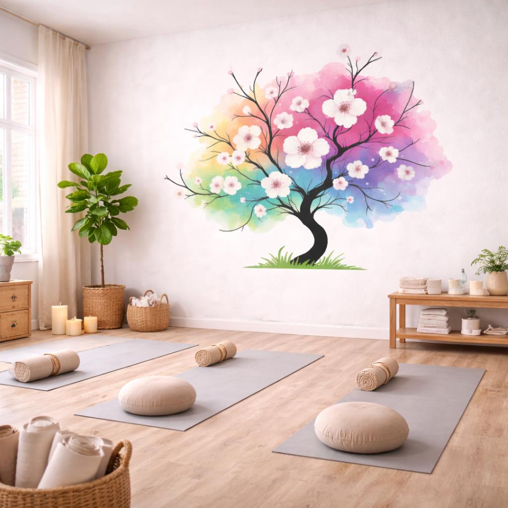 Watercolor Rainbow Tree Decal | Colorful Blossom Wall Art | Rainbow Cherry Tree Mural | Artistic Nature Decor | Zen Living Room Sticker