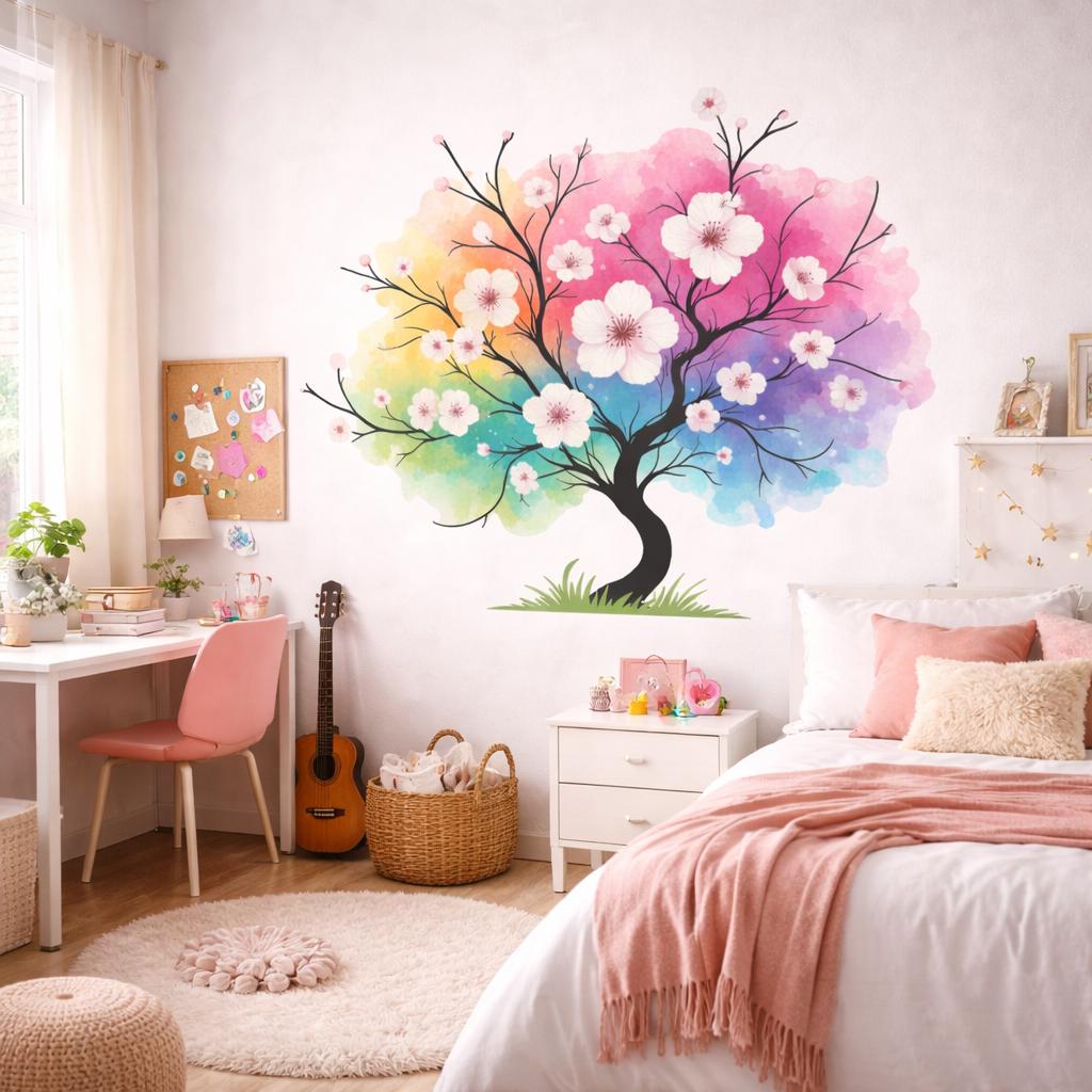 Watercolor Rainbow Tree Decal | Colorful Blossom Wall Art | Rainbow Cherry Tree Mural | Artistic Nature Decor | Zen Living Room Sticker