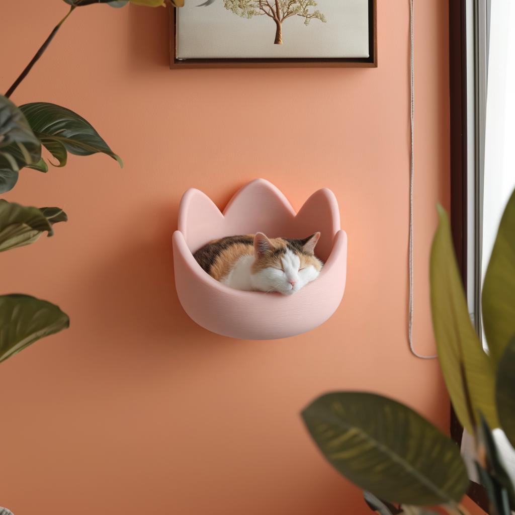 Kawaii Crown Wall Mounted Cat Bed | 3D Printed Floating Cat Lounger Shelf | Modern Minimalist Cat Furniture for Stylish Interiors