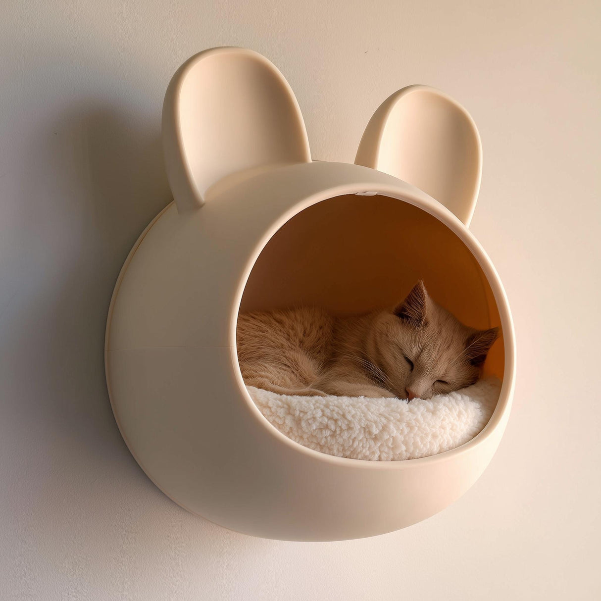 3D printed bunny-shaped wall mounted cat bed in matte beige PLA with a sleeping ginger cat inside, mounted on a warm neutral wall.