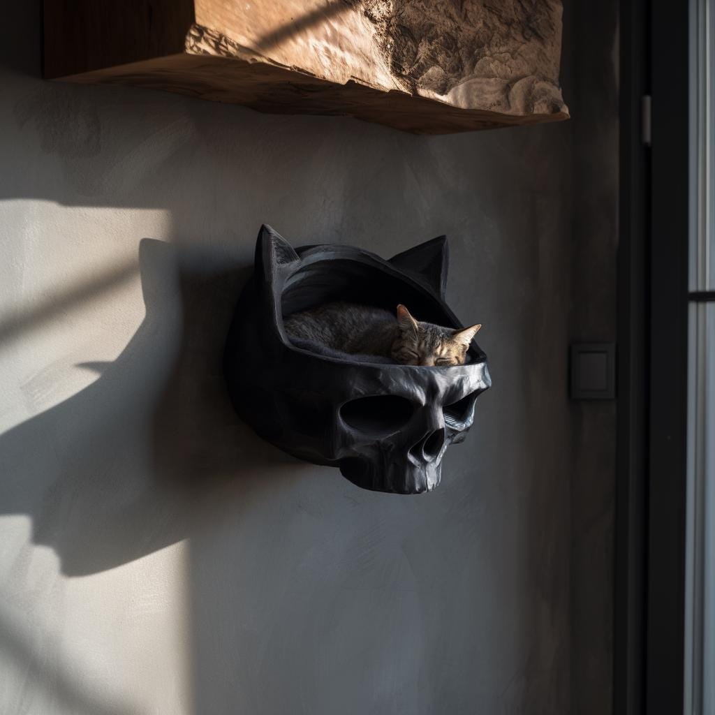 Dark Fantasy Skull Wall Mounted Pet Bed | 3D Printed Gothic Cave Shelf | Floating Black Kitty Lounger for Modern Interiors