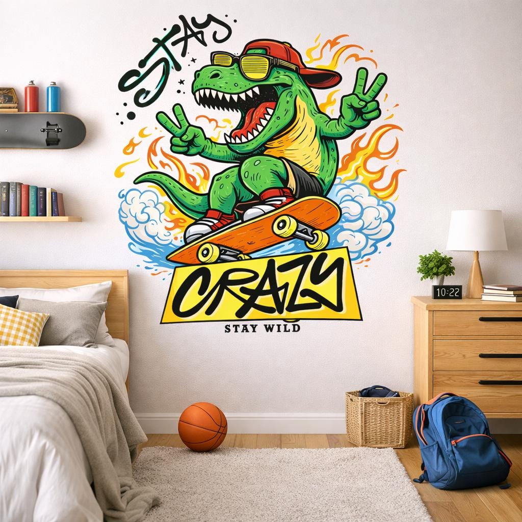 Skateboarding T-Rex Decal | Stay Crazy Dinosaur Sticker | Cool T-Rex Wall Art | Skater Dino Graphic | Retro 90s Streetwear Mural