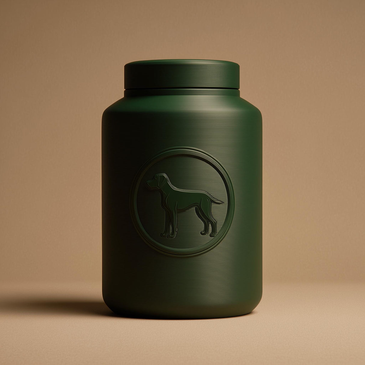 3D printed minimalist pet ashes urn shaped as a clean jar with a raised dog emblem medallion on the front and a fitted lid, studio background.