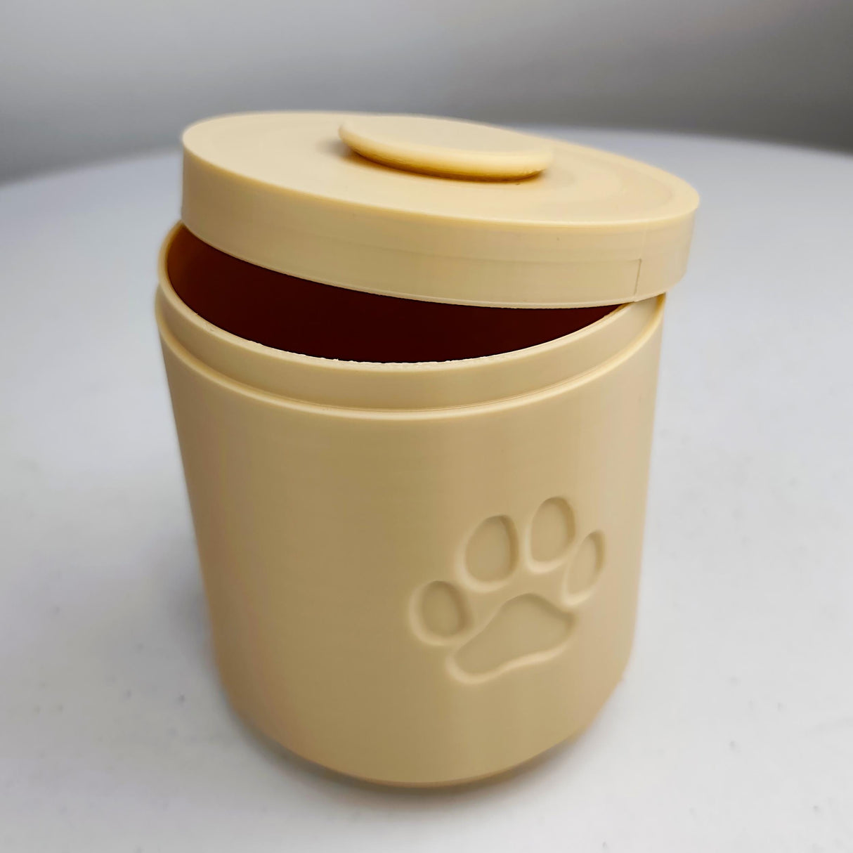 3D Printed Pet Memorial Urn | Minimalist Cylindrical Cremation Urn with Paw Print | Modern Remembrance Decor for Dogs or Cats